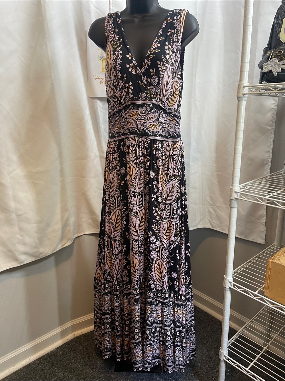Anthropologie Maeve M Black and Blush Floral V-Neck Maxi Dress